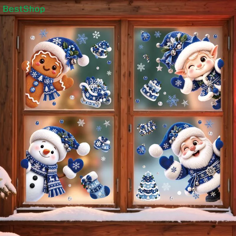4Pcs Removable Blue Christmas-Themed Window Decals Featuring Cute Santa Claus, Snowman, And Gingerbread Man Home Decor