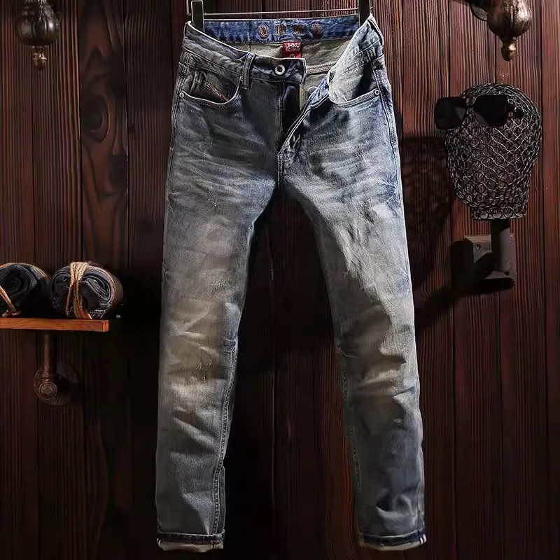 

Fashion Designer Men Jeans High Quality Retro Washed Blue Stretch Slim Fit Ripped Jeans Men Italian Style Vintage Denim Pants