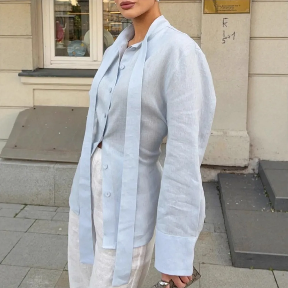 

Casual Blouse For Woman Shirts French Women's Clothing Simple Style All-match Slim Solid Color Straps Tighten Waist Fashionable