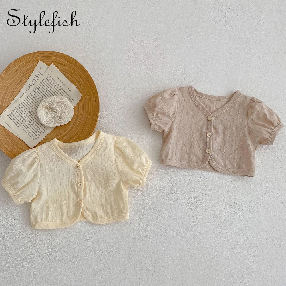 

Ins baby clothes version top short baby T-shirt pure cotton coat pure color girl cardigan versatile bubble sleeve baby clothes