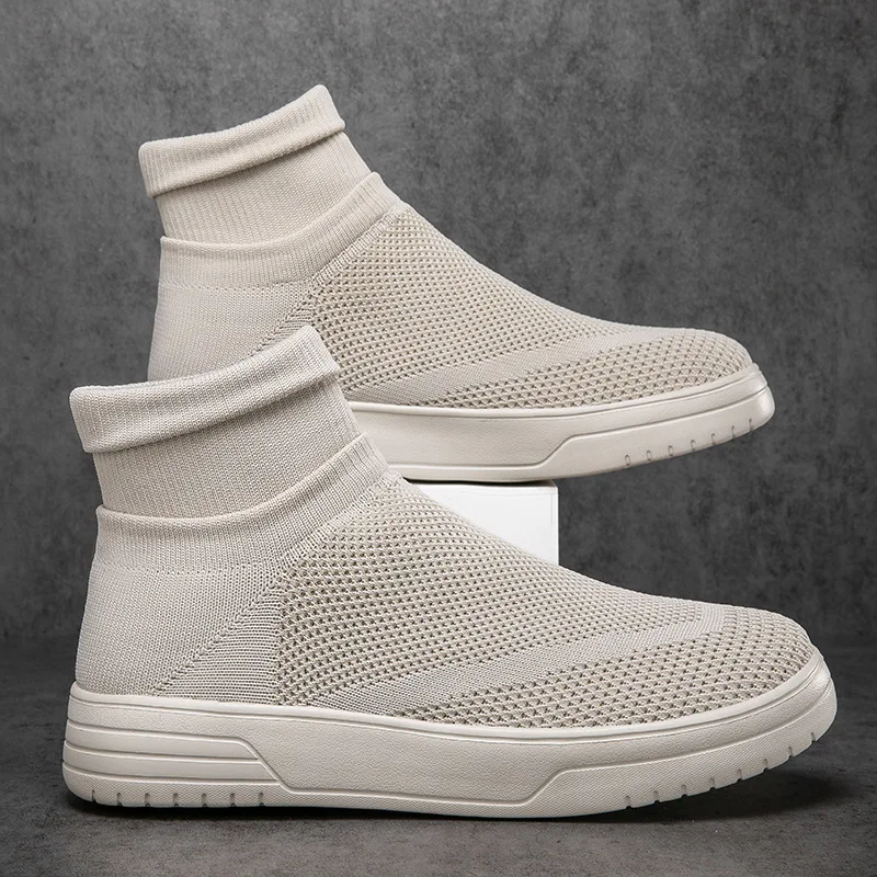 New Couple High Top Sock Shoes Men Women Woven Mesh Breathable Sneakers Thick Sole Platform Slip on Casual Footwear Comfortable