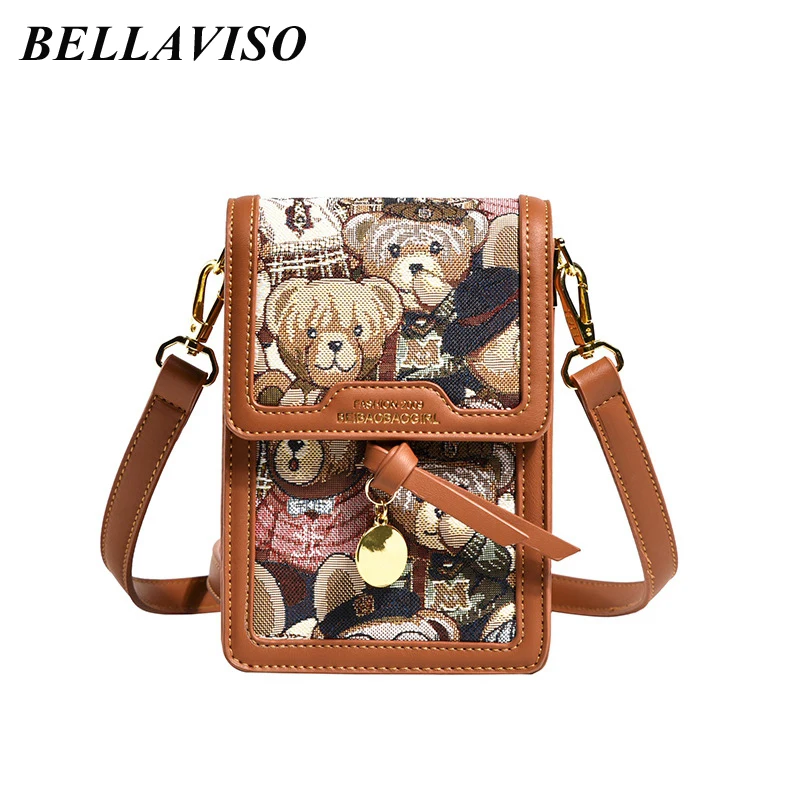 

BellaViso New Women's Mini Crossbody Bag Female's Trendy Casual Cartoon Bear Printed Canvas Cellphone Shoulder Bags BLCR-02