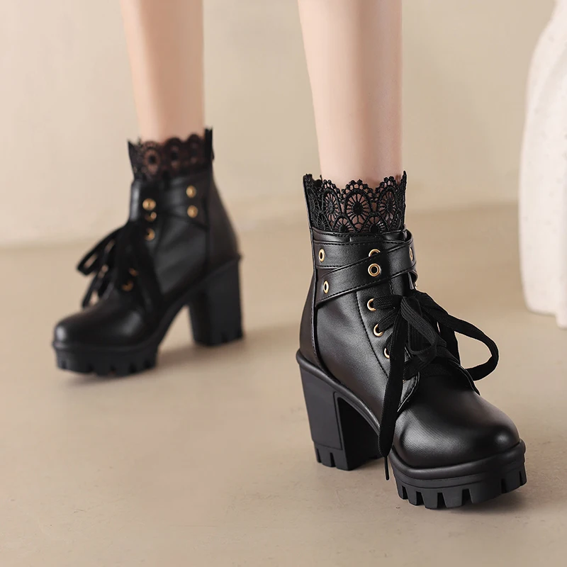 Goth Boots Women Platform Chunky Heel Buckle Lace Up Combat Booties - view 5