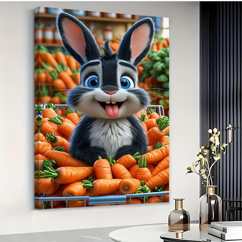 (No frame)1pc Happy Rabbit's Carrots Wall Art - Large Modern Farmhouse Rabbit Painting with Carrot Motif, Solid Wood Frame (1