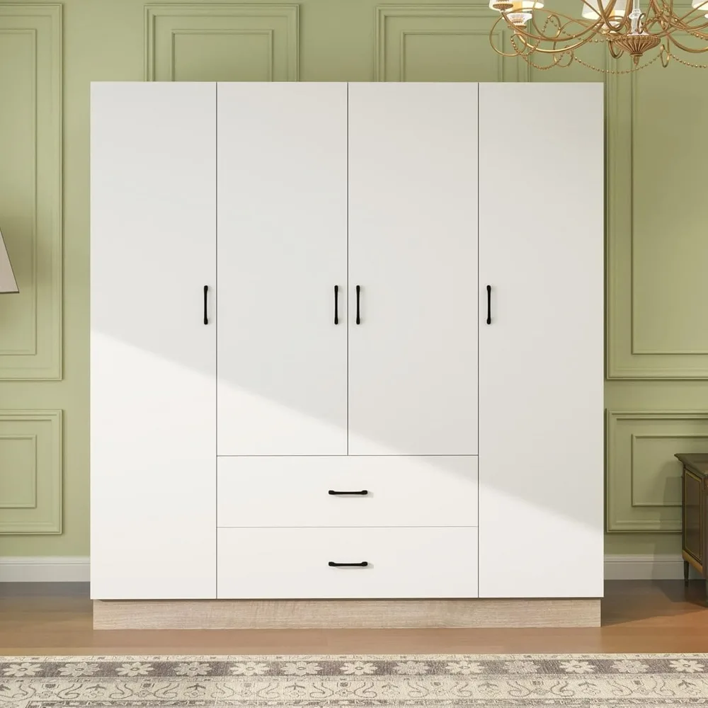 4-Doors Armoire Wardrobe Closet with Drawers & Mirror, Armoires with Shelves and Hanging Rod for Bedroom, Freestanding Wardrobe