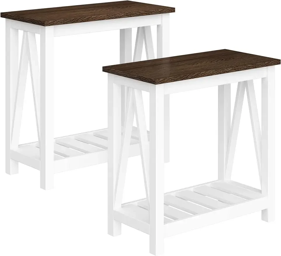 ChooChoo Farmhouse End Table Set of 2, Rustic Vintage Narrow End Side Table with Storage Shelf for Small Spaces, white