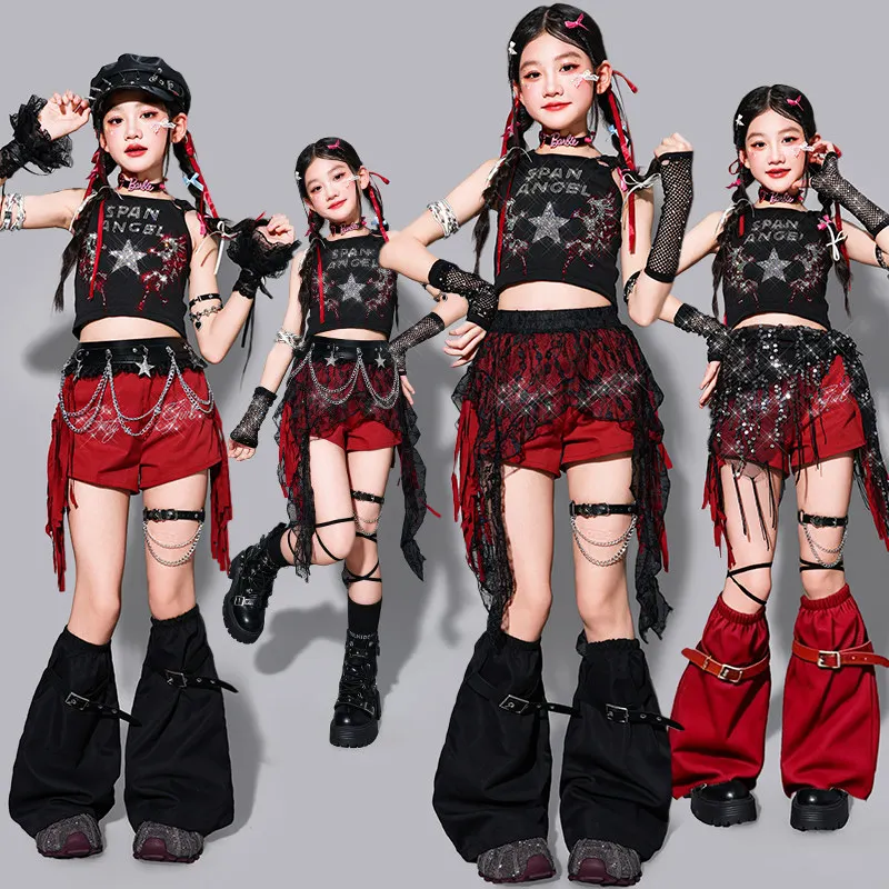 

2026 Jazz Outfit Girl Kpop Dance Clothes Kid Performance Show Stage Wear Black Tank Top Red Shorts Model Runways Clothing 3882