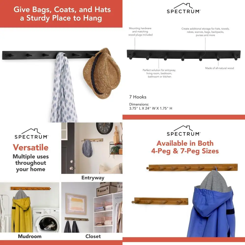 

Multi-Purpose Wooden Hook Rack with 7 Hooks in Black