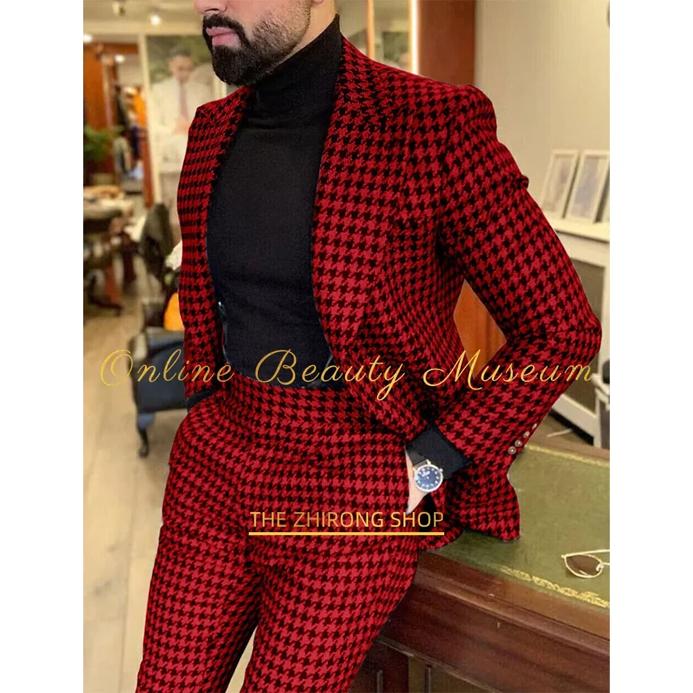 Men's Tweed Houndstooth Suits Wedding Suits Plaid Check 2 Piece Fashion Business Formal Tailored Fit Single Breasted One-button