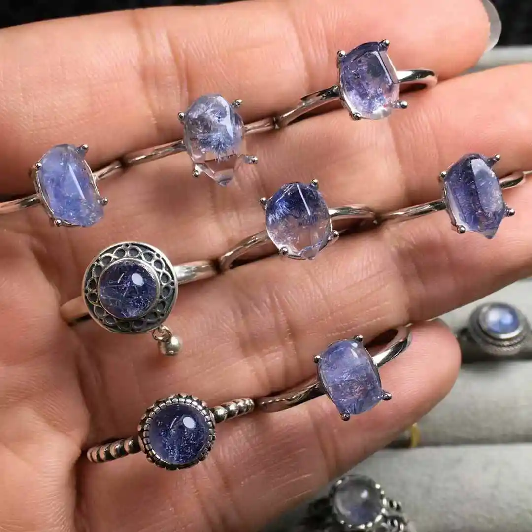 Unit One Piece 925 Silver With Natural Blue Dumortierite Crystal Healing Freeform Shaped Gemstone Finger-rings For Gift