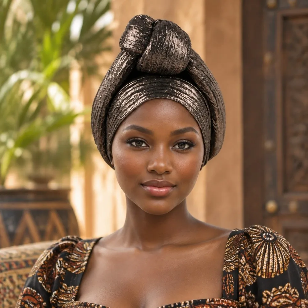 Shiny African Gele Headwrap Front Knot Polyester Nigerian Yoruba Turban Traditional Style Lightweight Elegant Headpiece Festival