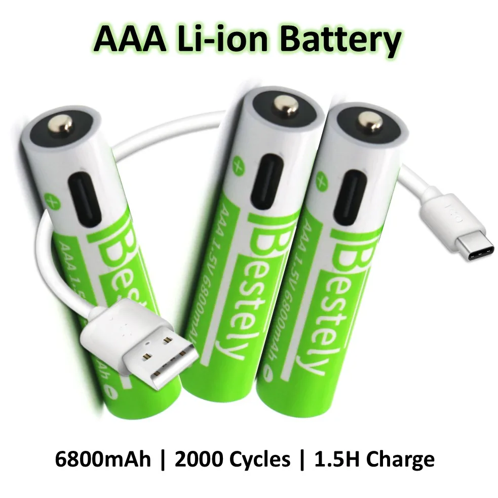 2000+ Cycles Rechargeable AAA Battery, 6800mAh USB-C Charge Batteries with Free Cable, for Camera,  Electric Toothbrush, Shavers
