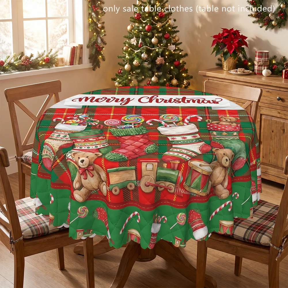 Round tablecloth, indoor and outdoor - Merry Christmas socks and toy print table covers with holiday stocking patterns