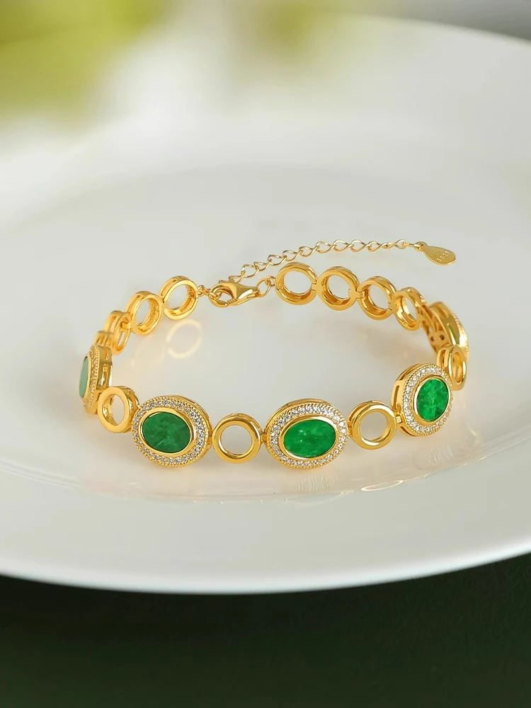 

Natural Type A Dry Green Jadeite Bangle - S925 Gold Plated Sterling Silver with Intense Green, Luxury Accent Jewelry