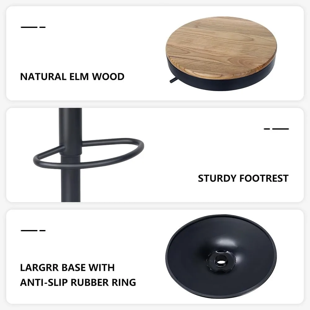 Adjustable Swivel Backless Bar Stools Set of 2 - Modern Wooden Seat Counter Height Chairs