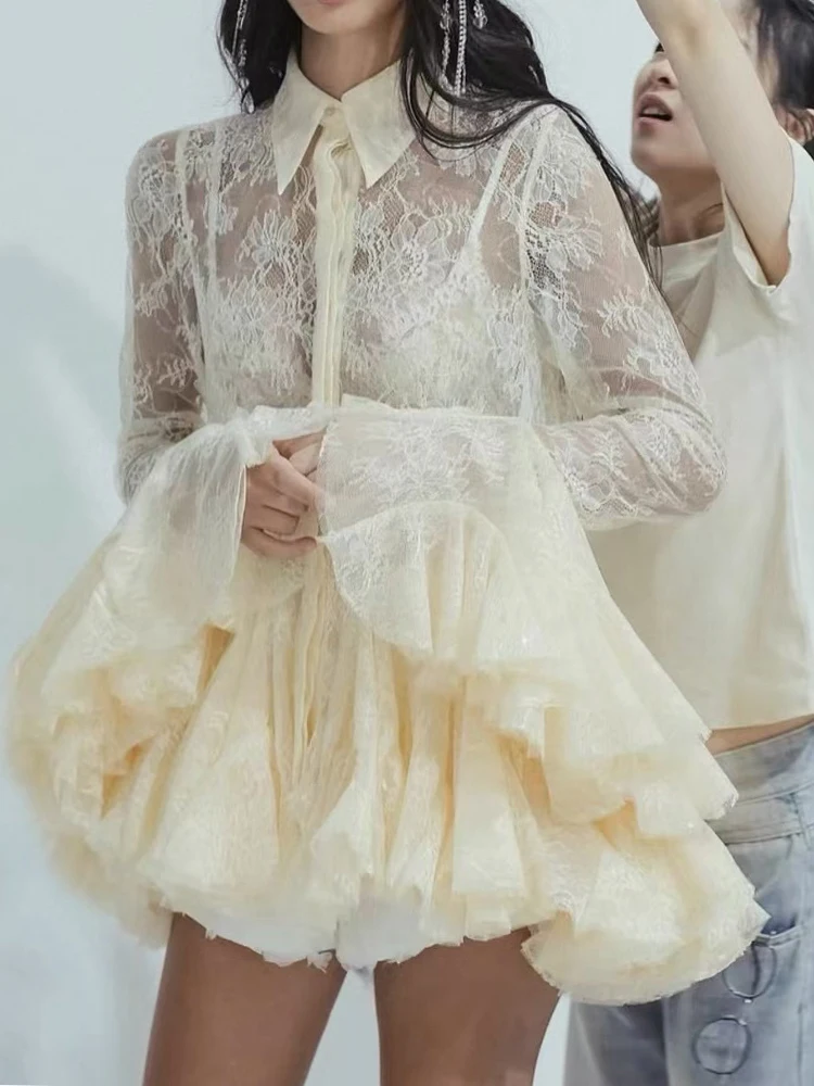 

Autumn 2025 New Fashion Pearl Embroidered Flower Lace Perspective Horn Sleeve blouse Lapel Single-breasted temperament shirt