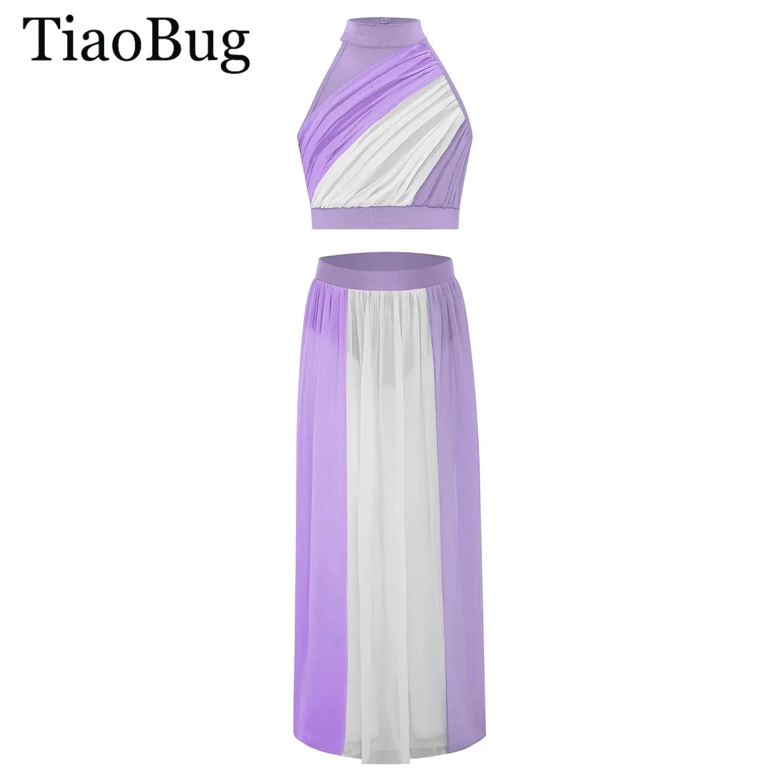 

Kids Girls Lyrical Dance Set Ballet Modern Contemporary Costume Sleeveless Color Block Ruche Crop Top with Split Chiffon Skirt