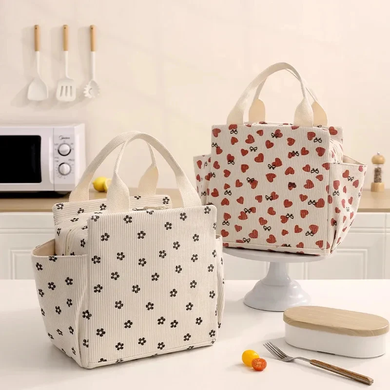 Portable Corduroy Lunch Bag, Insulated Lunch Box, Cute Printed Lunch Storage Bag, Picnic Lunch Bag, Large Capacity Tote Bag