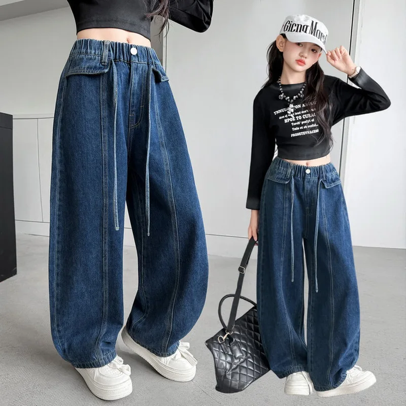 New Autumn Girls Patchwork Curved Jeans for Tween Kids High Fashion Street Denim Pants Children Stylish Jeans Trousers 4-15 Y