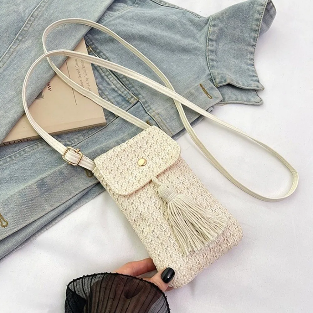Portable Weaving Straw Woven Handbag Long Tassel Handmade Woman Phone Pouch Niche Design Solid Color Crossbody Bucket Bag Female view 2