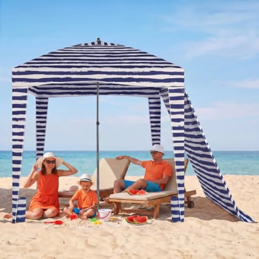 

Beach cabana tent for outdoor use, polyester fabric, beige, UPF 50+ sun protection and wind-resistant design with side wall