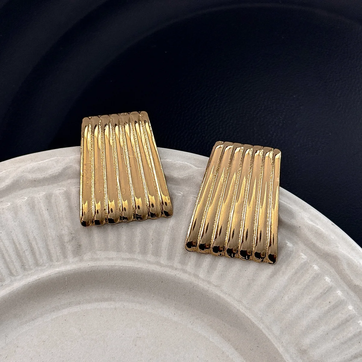 Textured Stainless Steel Stud Earrings Polished Vertical Stripes Square Geometric Unique Lightweight for Women Daily Commuter