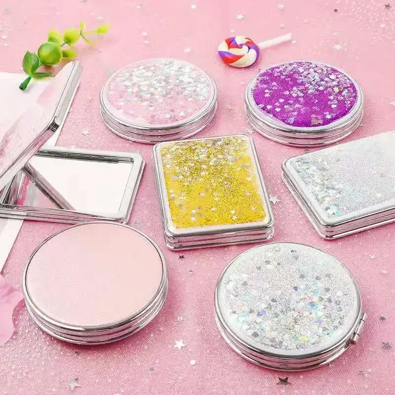 Portable Double-Sided Folding Makeup Mirror Women Gifts with Flowing Sparkling Sand Mini Cosmetic Mirror Compact Pocket Mirrors