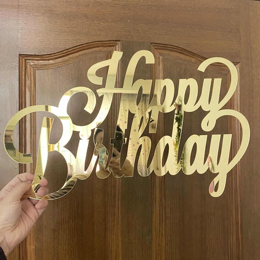 Happy Birthday Wooden Name Sign Laser Cut Acrylic Mirror Gold Wall Letters Wall Hanging Home Birthday Party Backdrop Decoration