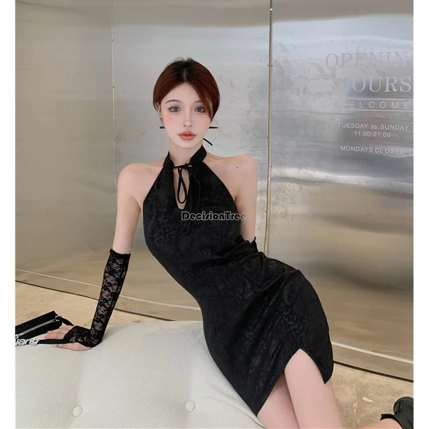 2025 chinese female vintage slimming elegant black cheongsam qipao new lace sexy package hip sleeveless cheongsam dress w473
