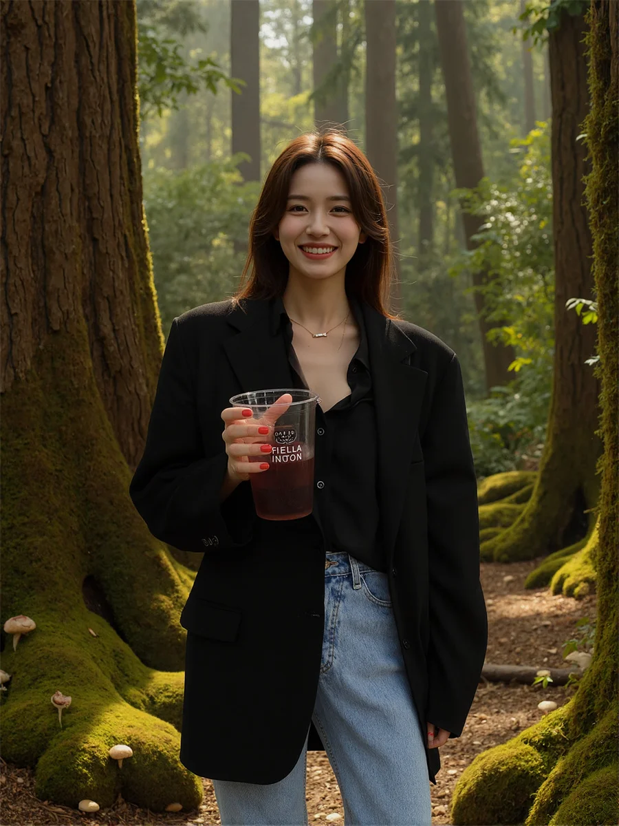 

Women'S Modern Blazers Black White Turn-Down Collar Self-Cultivation Occasion Inside Outcoat Flare Wide-Sleeve Plain Ashes Sheen