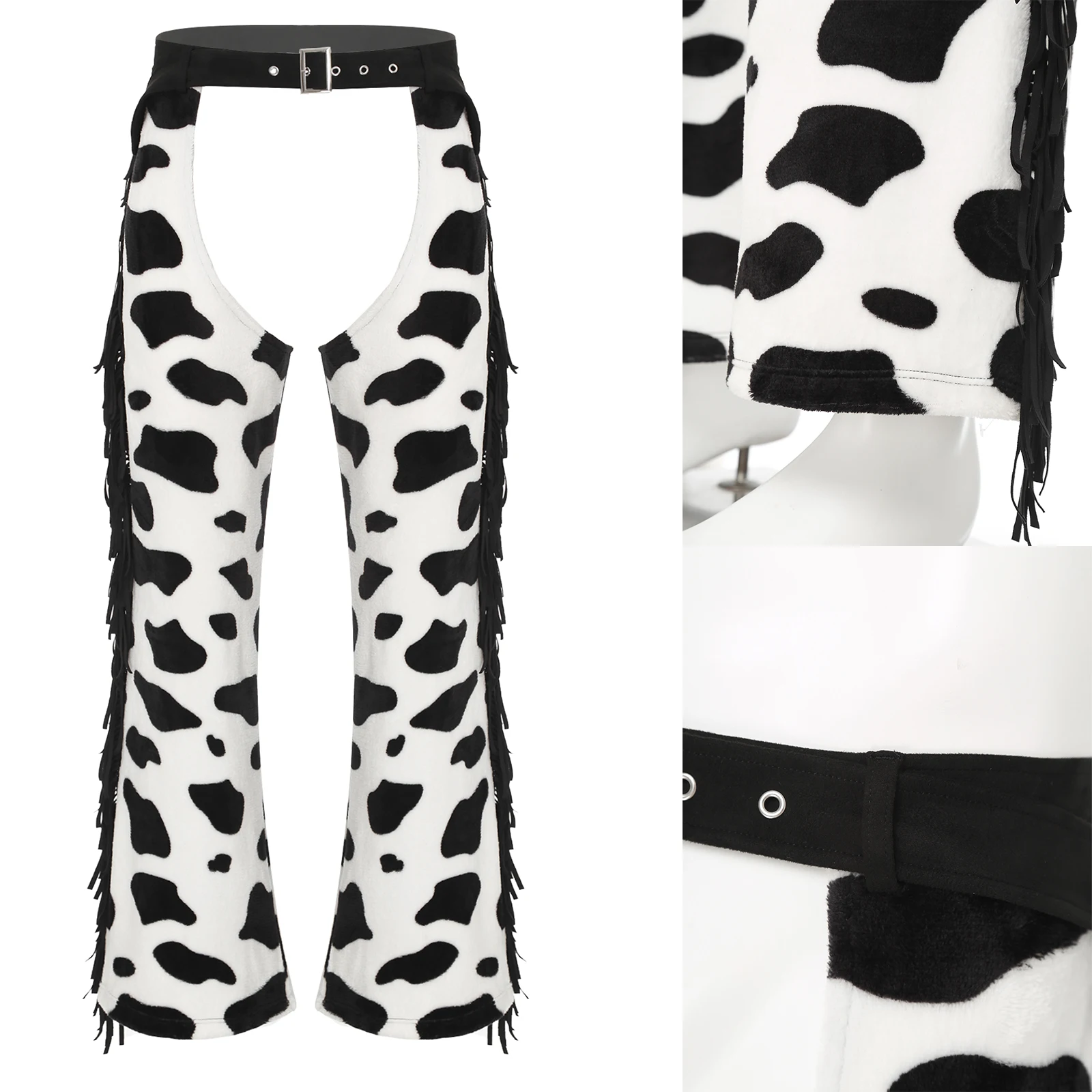 

Men Stylish Cow Spot Pattern Flannel Pants with Side Tassel Open Crotch Biking Riding Cowboy Chaps Halloween Cosplay Costume