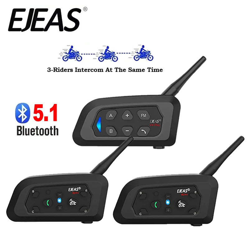 EJEAS 1Pc V4 PLUS + 2Pcs V6 PRO+ Motorcycle Bluetooth Headset 3-Riders Intercom Waterproof Connect 2 Phone Noise Reduction MP3
