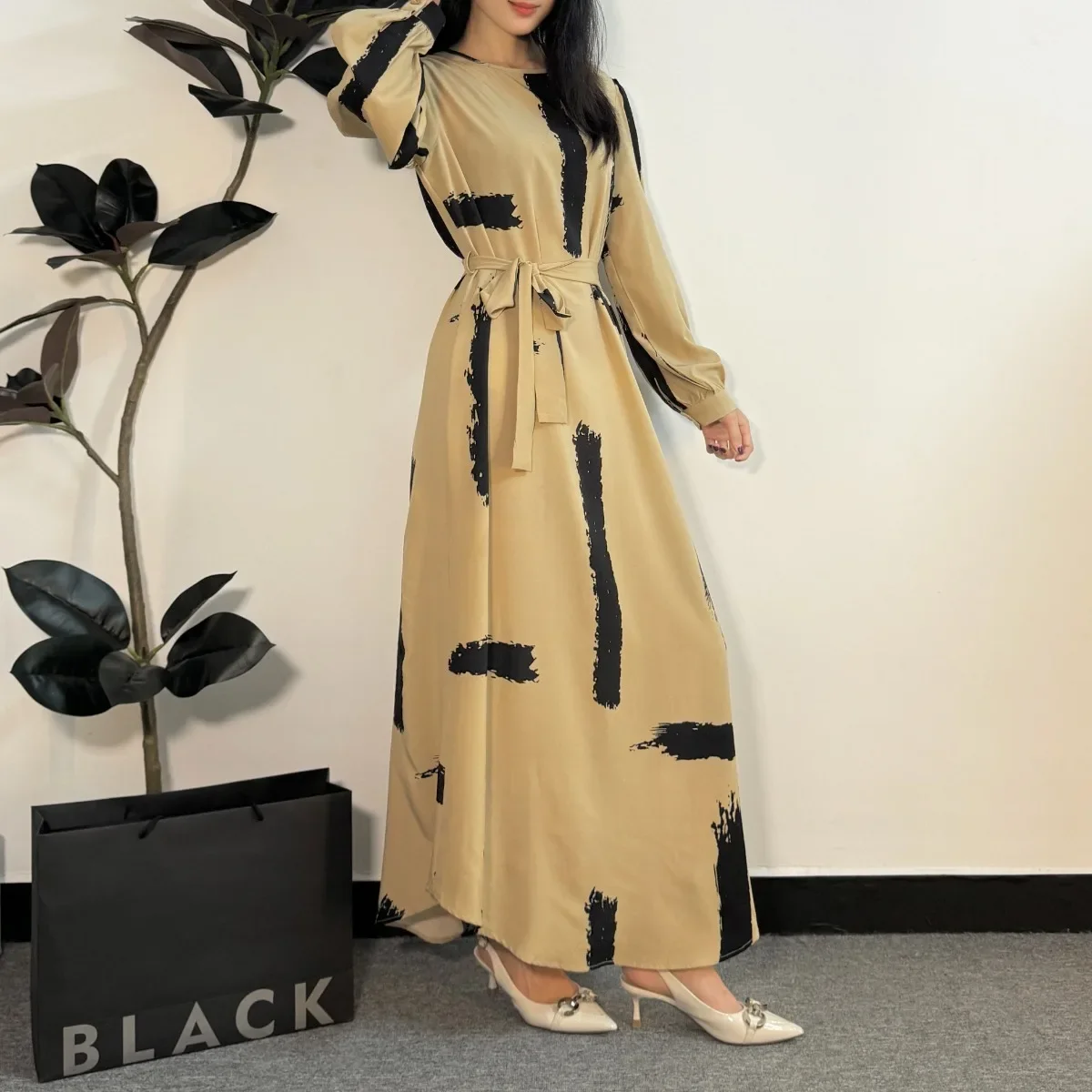 Muslim Dress Women Prayer Dresses Abayas Fashion Female O-neck Full Sleeve A-line Casual Long Ramadan Maxi Dresses With Belt