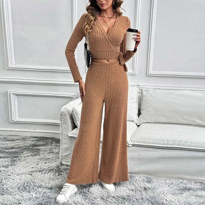 Slim 2 Pieces Set For Woman Two Piece Outfits New In Matching Sets Commuting Home Clothing Casual Solid Color Leace-up All-match
