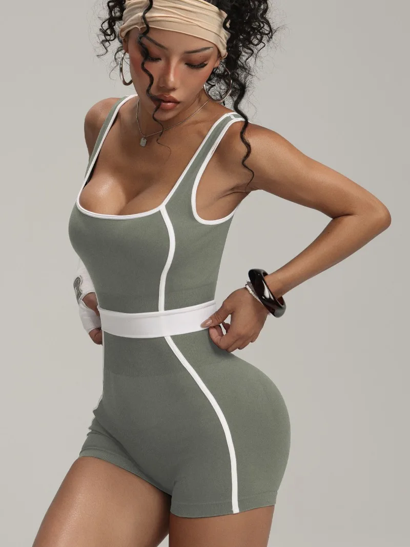New Seamless Colorblock Full-body Shorts for Women with Breast Support Tennis Wear Sport Yoga Bodysuit