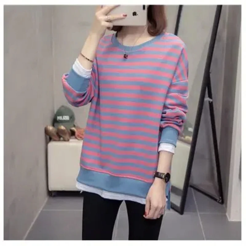 2024 Spring and Autumn Women\'s New Patchwork Pullover O-Neck Striped Fashion Loose Minimalist Casual Long Sleeve Sweatshirts