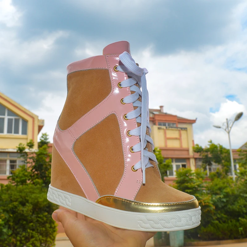 Roman Cow Suede Contrast Color Inner Wedge Ankle Boots 8Cm Height Increased Bling Patchwork Toe Lace-Up Mixed Color Shoes