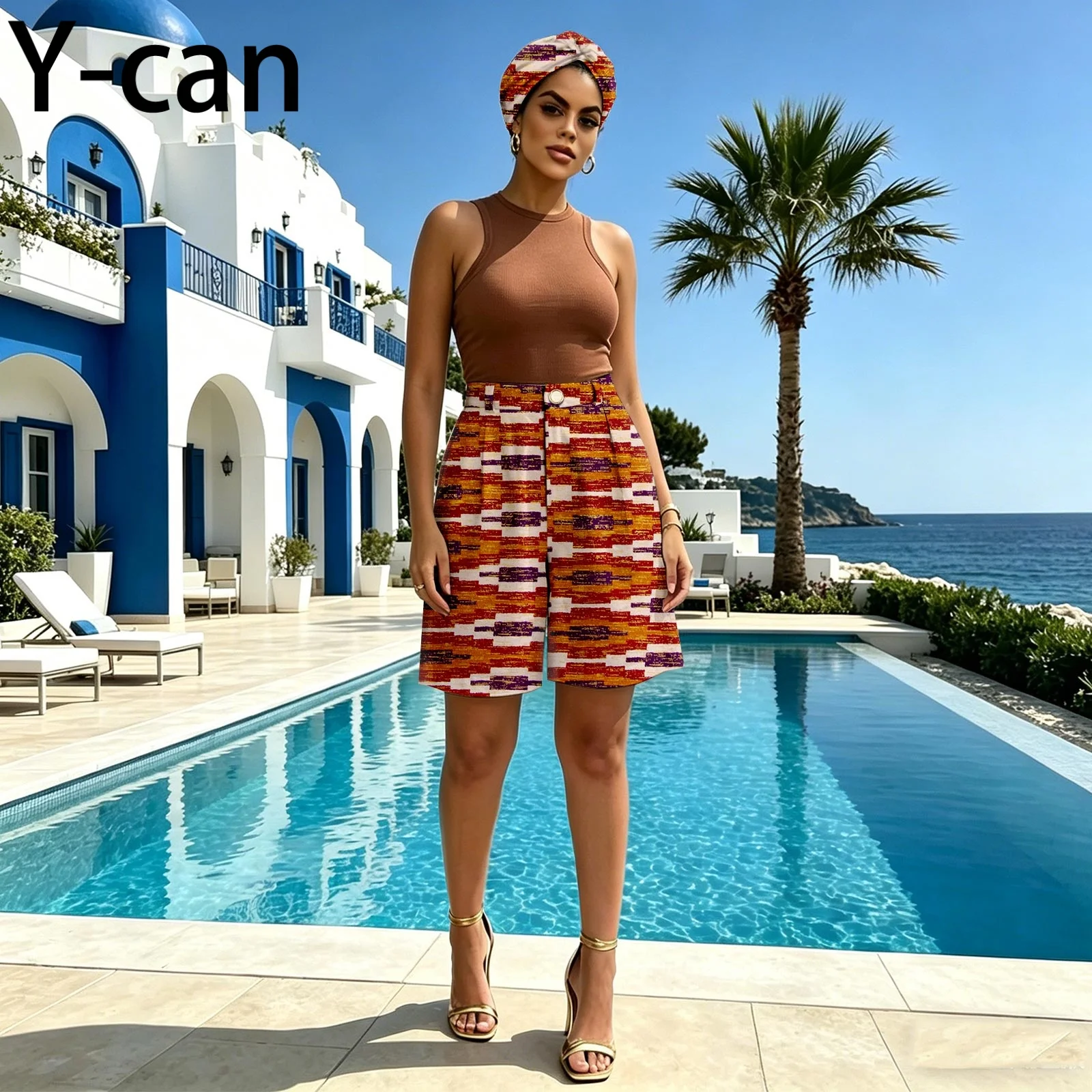 Women African Ankara Print High Waist Shorts Matching Headwrap Dashiki Casual Summer Beach Daily Outfit 2621006 - view 3