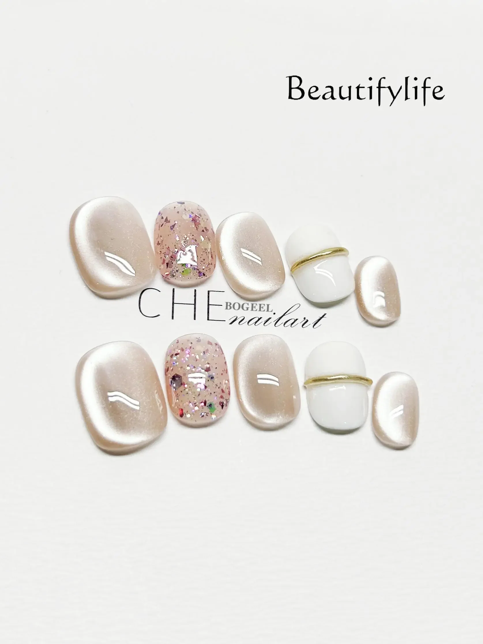 Handmade Nail Pink Cat Eye Whitening Nail Patch