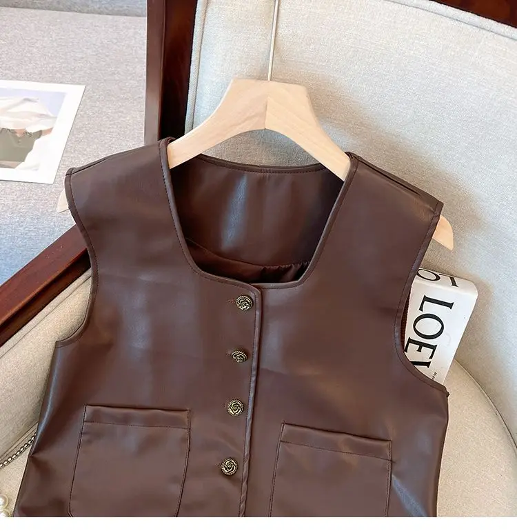 Vestito da Maillard francese all'inizio dell'autunno vestito da camicia retrò gilet in PU Set di due pezzi