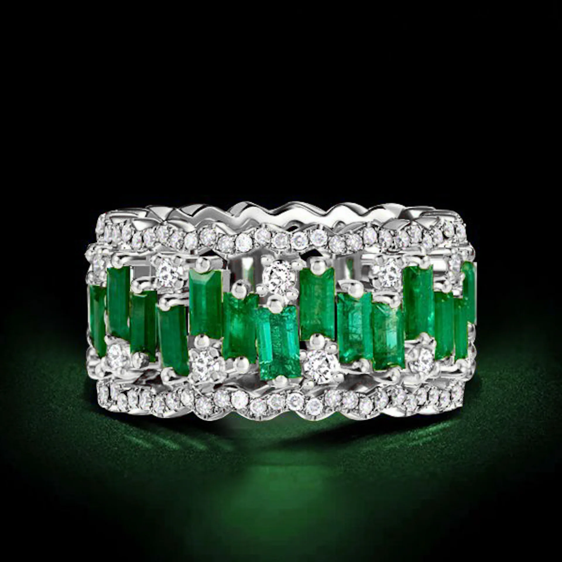 

High carbon diamond emerald baguette cut ArtDec dinner ring Paris custom fine jewelry