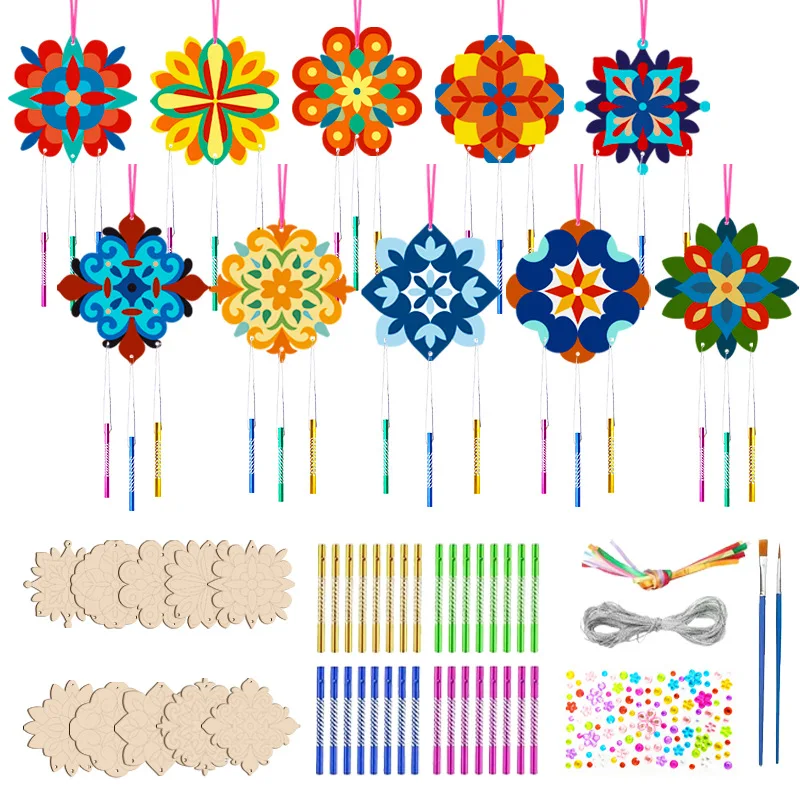 10 Pack Mandala Wind Chimes Craft Kit DIY Unfinished Painting Wood Hanging Home Garden Decor with Rhinestone Stickers Kids Gifts