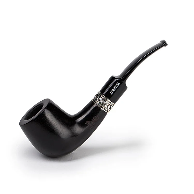 LUBINSKI Bent Straight Style Ebony Pipe Wooden 9MM Tobacco Pipe Silver Round Decoration with Pipe Bag Smoke Accessories