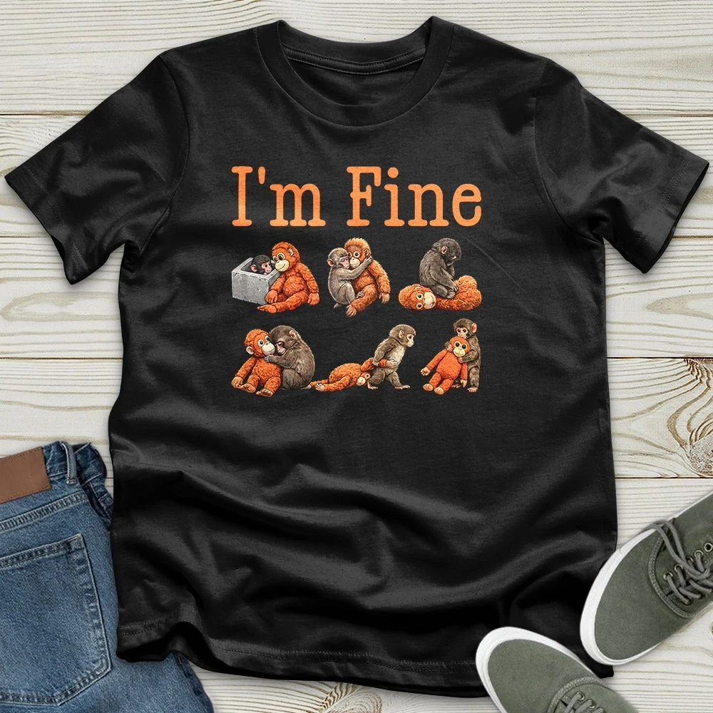 Sad Monkey Punch Meme with An Orange Toy I'm Fine T-shirt for Men Women Cotton T Shirts Short Sleeve Tops Y2K Street T-shirt