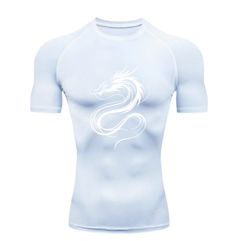 Dragon Pattern Men Sports T-Shirt Training Jogging Running Workout Compression Athletic Tees Rashguard Men Short Sleeve T Shirt