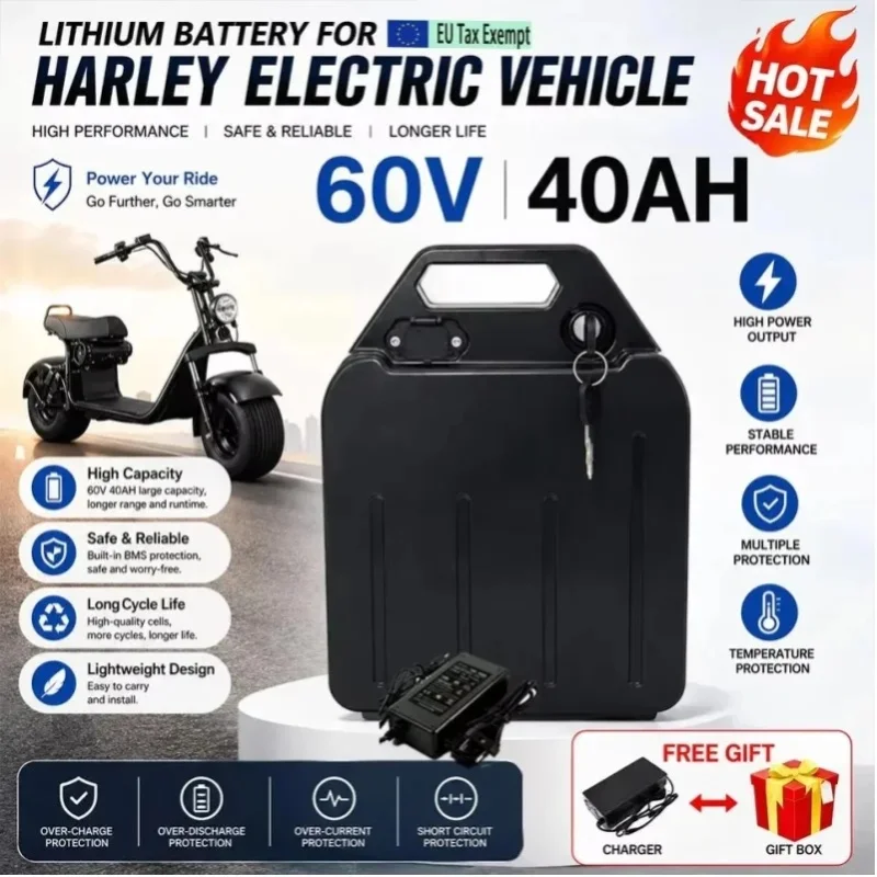Geeignet für Harley Electric Two Wheeler 60V 10Ah-40Ah wiederaufladbare Lithium-Batterie mit großer Kapazität, eingebautem BMS, passend für 500W-3000W Hochleistungsmotoren.