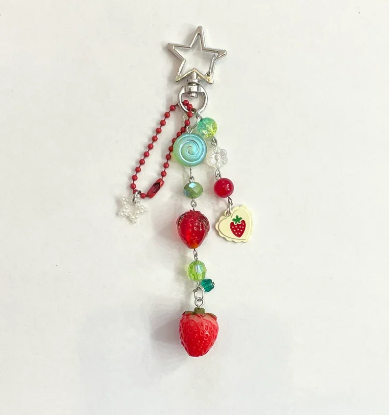 strawberry keychain, beaded keychain, red, green, stars