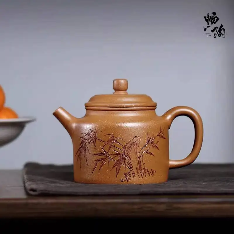[Changtao]Original Mineral Purple Clay Teapot, Handmade By Tao Shunqing, Gold Segment Bamboo Leaf Design, Gao De Zhong, 260Cc
