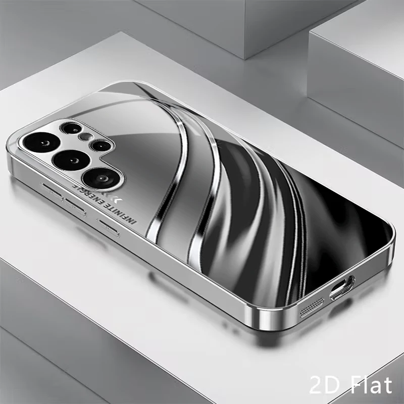 Silver Chrome Fluid Energy Ornament Pattern Electroplated Glass Phone Case for Samsung Galaxy S26 S25 S24 S23 S22 S21 FE/Plus/Ul
