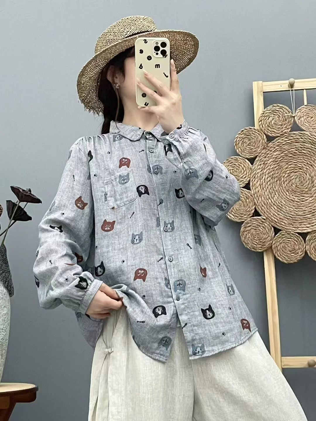 

Mori Girl Style Japanese Harajuku Fashion Cartoon Cat Shirts Women 100% Cotton Yarn White Gray Kittens Long Sleeve Tops